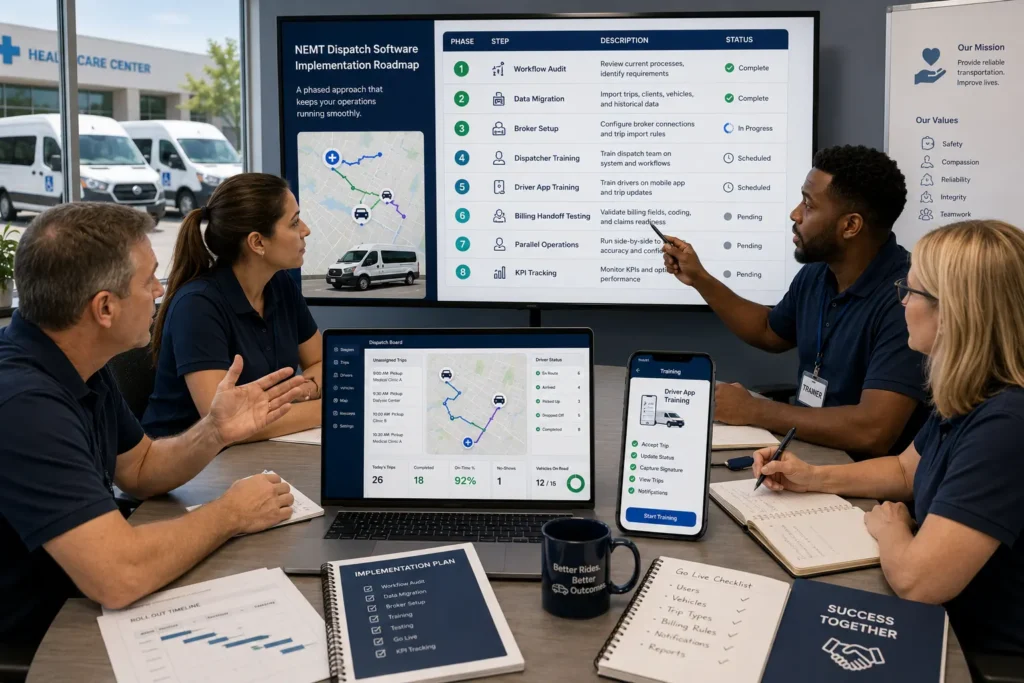 NEMT dispatch software implementation workflow with training data setup broker imports and parallel operations