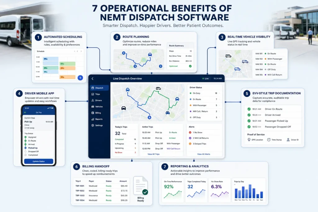 NEMT dispatch software benefits including routing GPS driver app and billing handoff