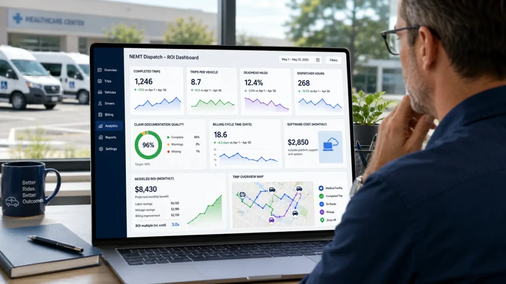 NEMT dispatch software ROI dashboard showing completed trips deadhead miles labor savings and billing recovery