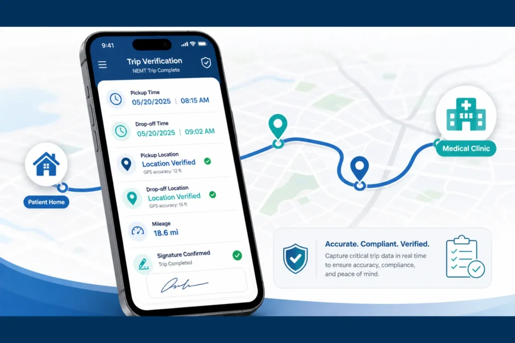 NEMT GPS trip verification with pickup time, drop-off time, mileage, and signature capture