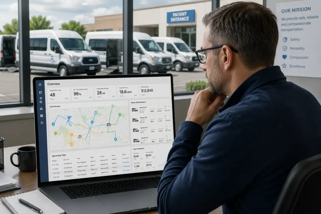 NEMT route optimization software dashboard showing fleet efficiency and operational metrics