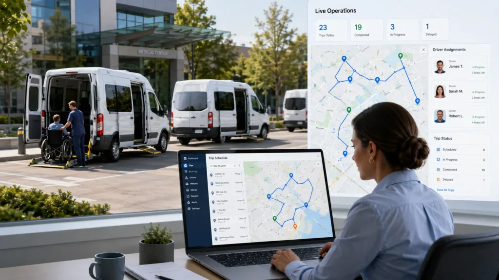 NEMT routing software dashboard with medical transport vehicles and optimized routes