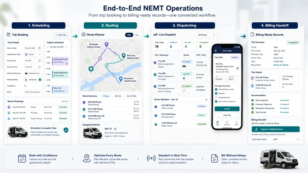 NEMT scheduling dispatch routing and billing workflow