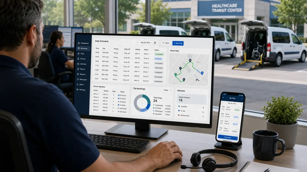 NEMT scheduling software dashboard showing daily manifest and driver app