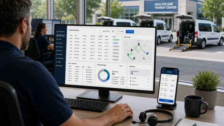 NEMT scheduling software dashboard showing daily manifest and driver app