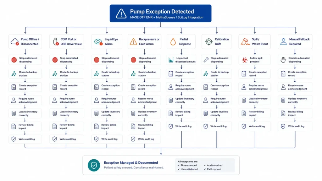 Methadone pump failure mode decision tree showing OTP EMR exception handling workflow for offline pumps, Liquid Eye alarms, partial dispenses, and calibration issues