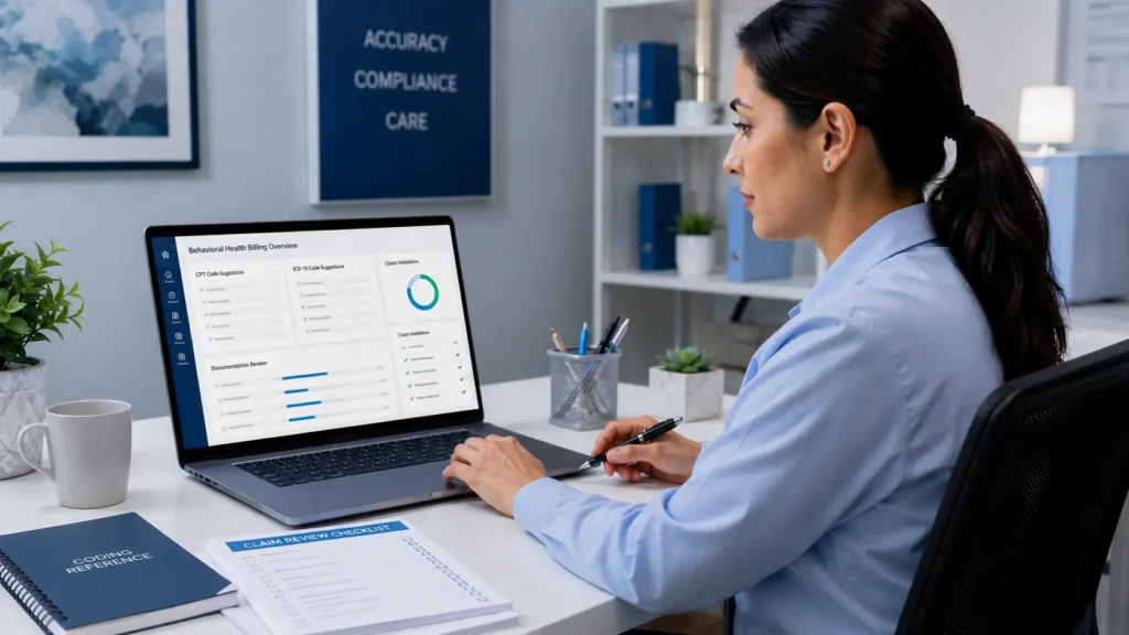 Behavioral health billing specialist reviewing CPT codes, ICD-10 diagnosis codes, and therapy documentation for clean claim submission