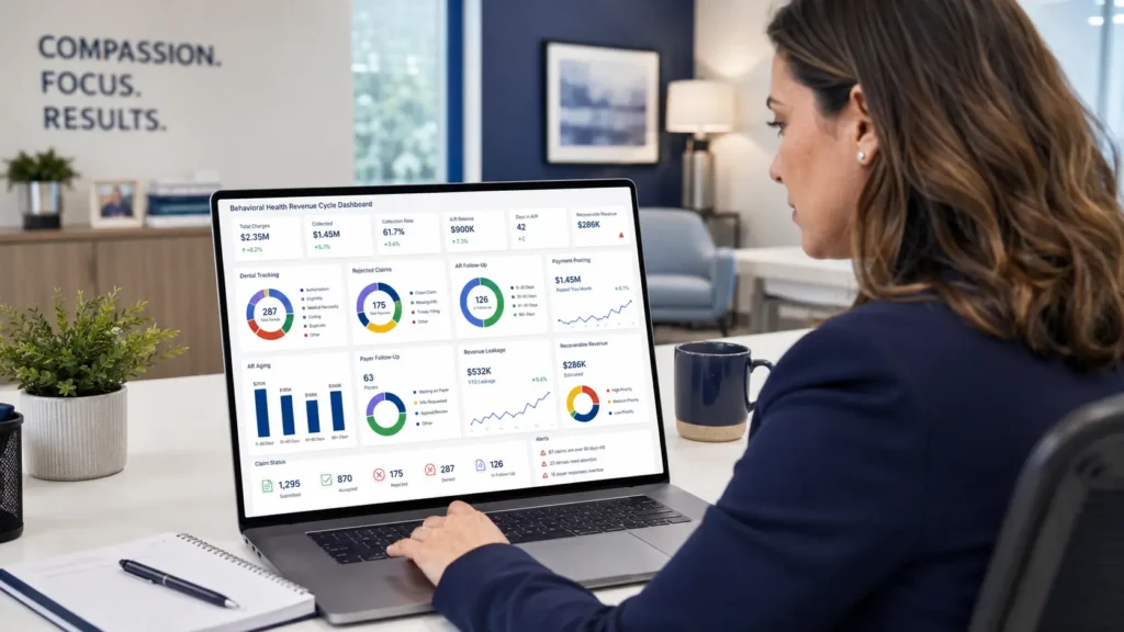 Behavioral health billing dashboard showing denial tracking, AR follow-up, payment posting, and revenue leakage analysis