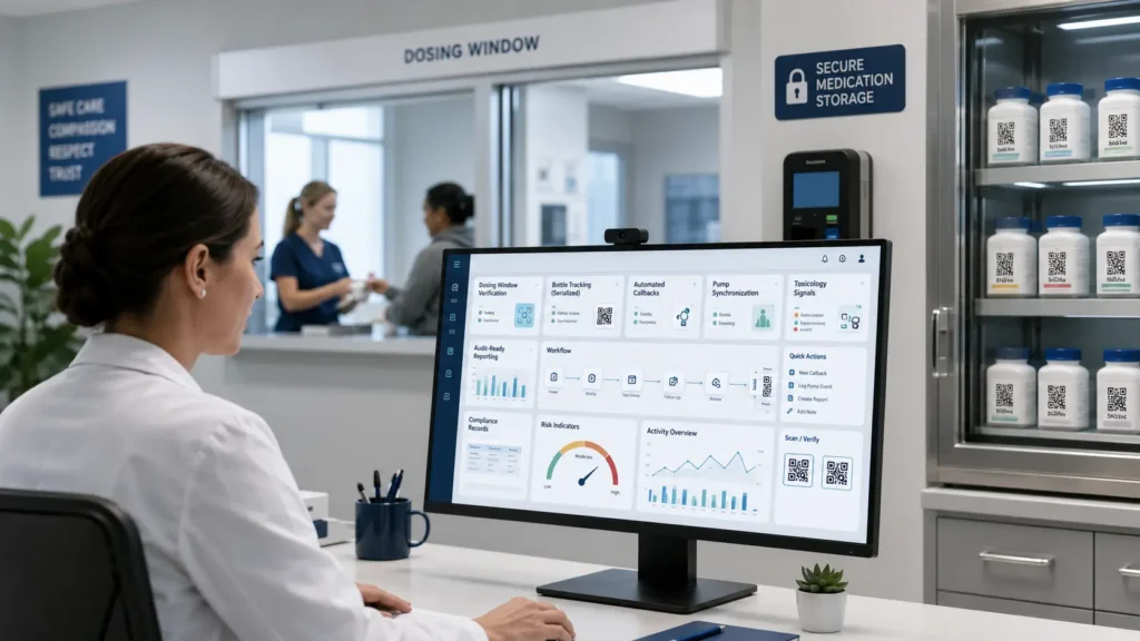 Drug diversion monitoring software dashboard for OTP and methadone clinic medication accountability