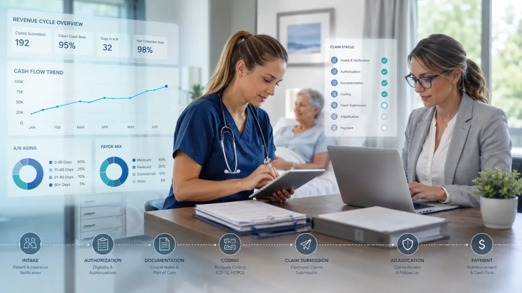 Home health revenue cycle management concept showing clinician, billing specialist, and digital workflow dashboard