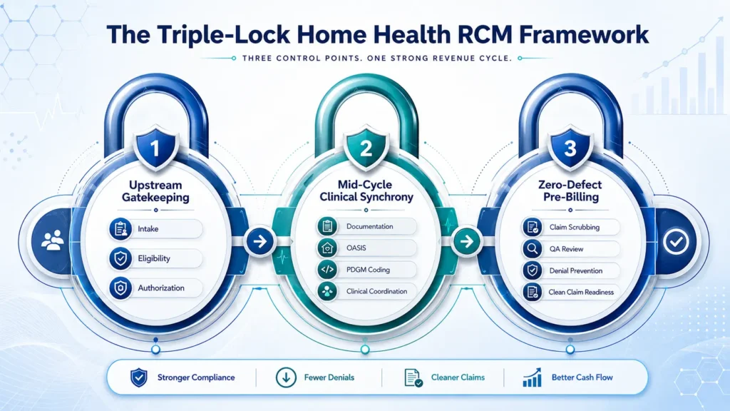 Triple-Lock Home Health RCM Framework showing upstream gatekeeping, clinical synchrony, and zero-defect pre-billing