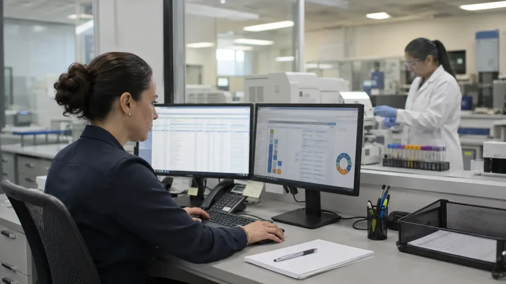 Laboratory billing specialist reviewing insurance claims beside a modern clinical laboratory testing area.