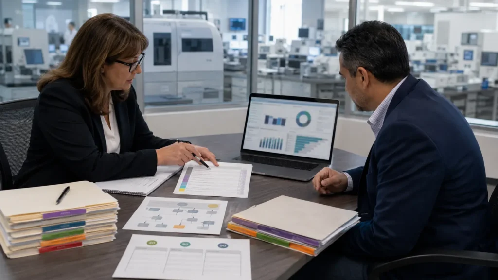 Laboratory administrator and revenue cycle consultant reviewing a billing audit and corrective action plan.