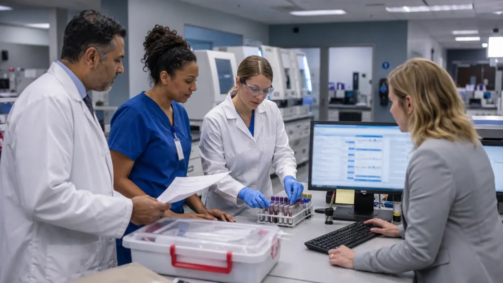 Physician, phlebotomist, laboratory scientist and billing specialist reviewing roles in a laboratory claim.