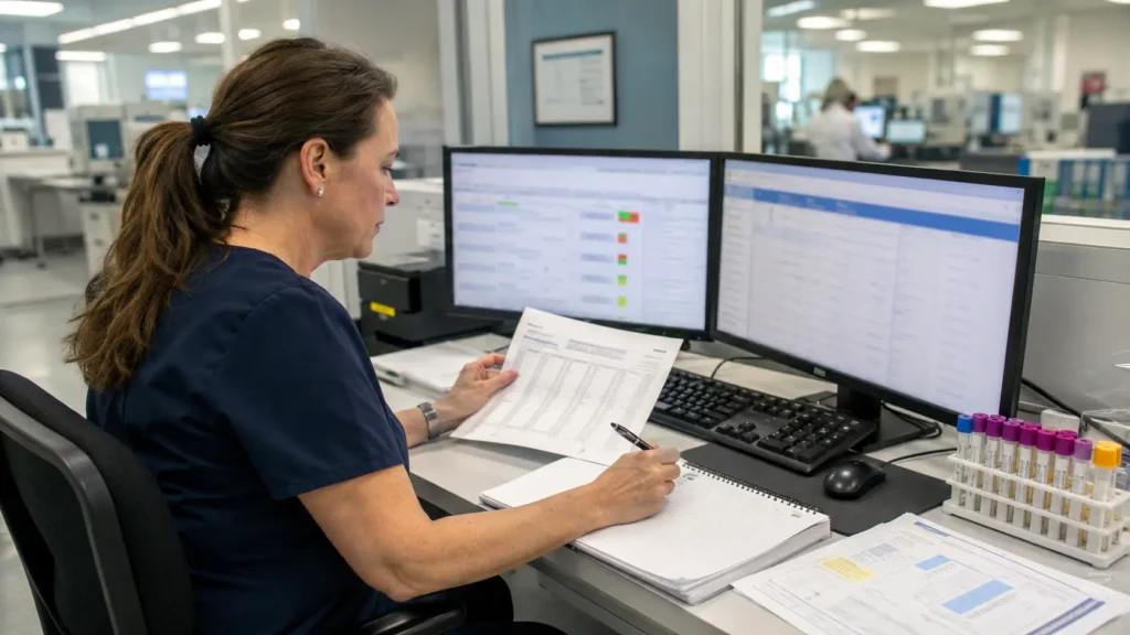 Medical coding specialist reviewing laboratory test codes, modifiers and supporting claim documentation.