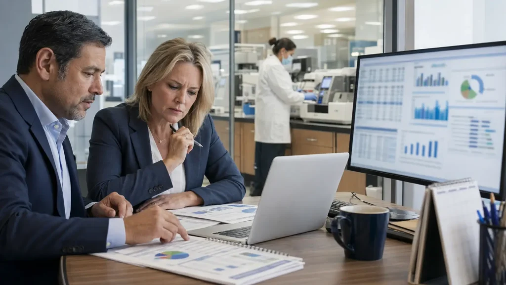 Laboratory director and reimbursement analyst reviewing Medicare CLFS and PAMA reporting information.