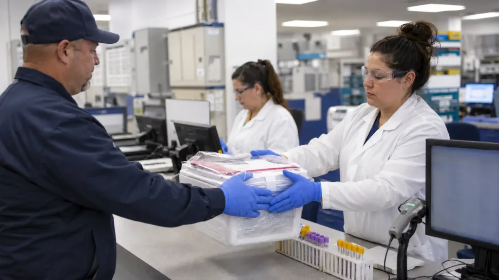 Reference laboratory technician receiving securely packaged specimens from a medical courier.