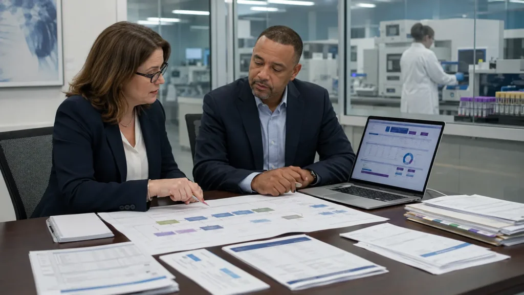 Laboratory administrator and billing specialist reviewing the order-to-payment claim lifecycle.