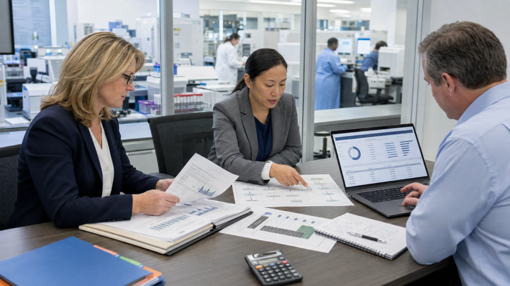 Laboratory billing team reviewing de-identified denial categories and accounts receivable aging.