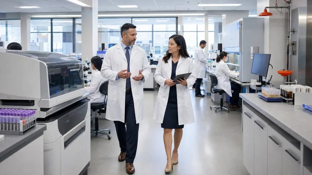 Laboratory director and operations manager walking through a multi-specialty clinical laboratory.
