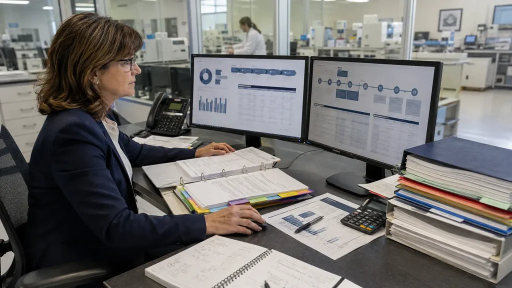 Laboratory owner, director, billing manager and compliance lead reviewing revenue-cycle responsibilities.