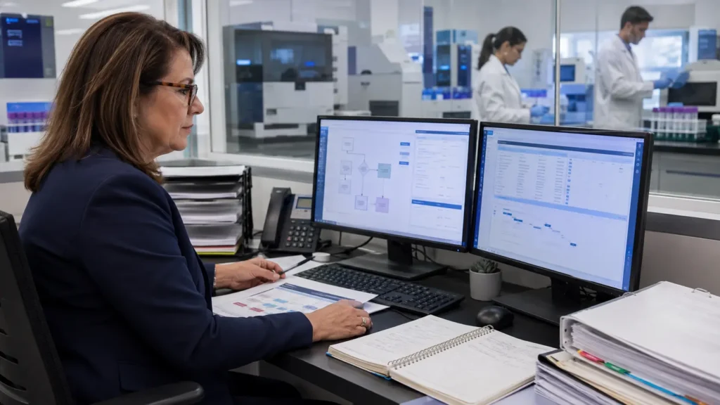 Laboratory billing manager reviewing claim resources while a clinical laboratory team works behind glass.